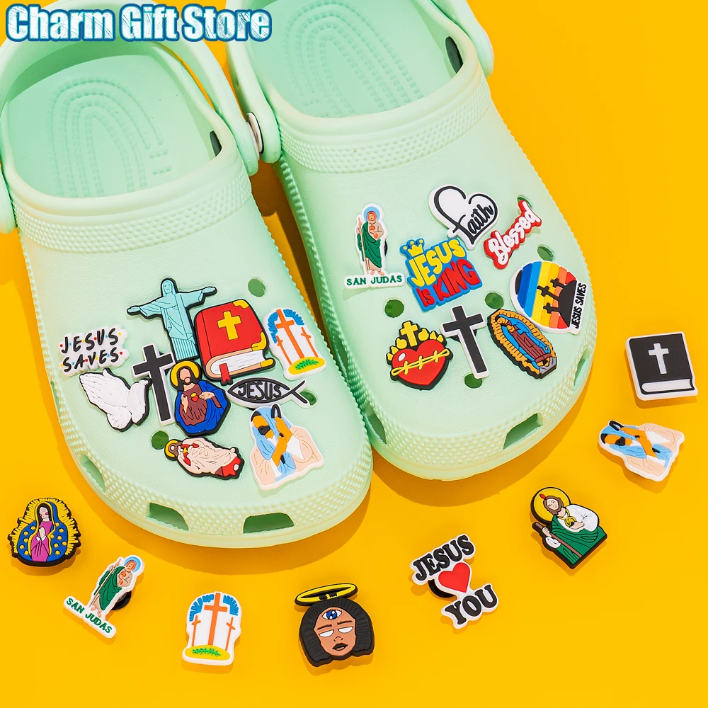 Color: Gold - 1pcs New Shoe Charm Religion PVC Clog Charms Crucifix Blessed Virgin Mary Clog Pin Clips Jeans Garden Sandal Shoe Decoration