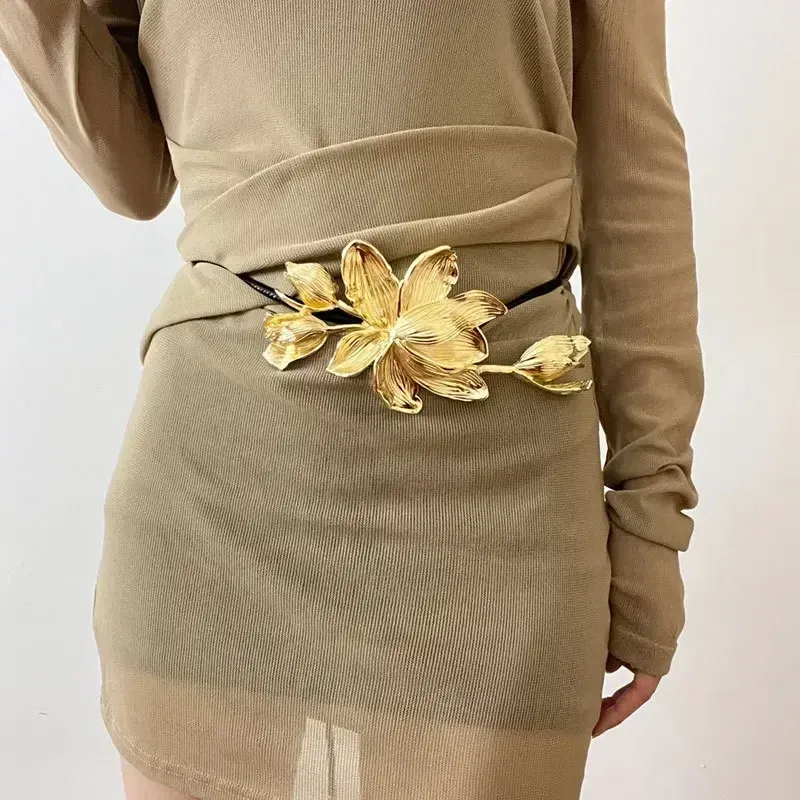 Color: Silver - Women Luxury Fashion Design Metal Tulip Flower Waistband Chain Skirt Pants Dress Jeans Coat Shirt Clothes Decoration Black Belt