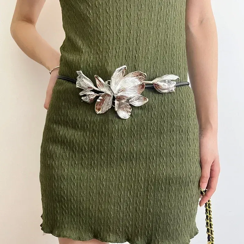 Color: Silver - Women Luxury Fashion Design Metal Tulip Flower Waistband Chain Skirt Pants Dress Jeans Coat Shirt Clothes Decoration Black Belt