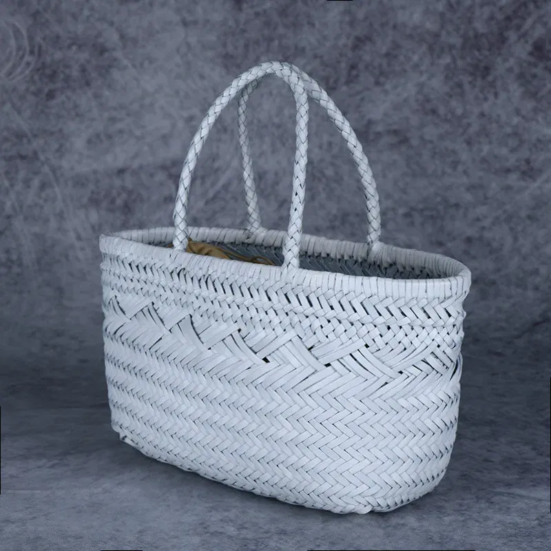 Color: Ivory - Designer woven totes bag women genuine leather cowskin knitting basket handbag female hollow out bucket bag 2025 summer new