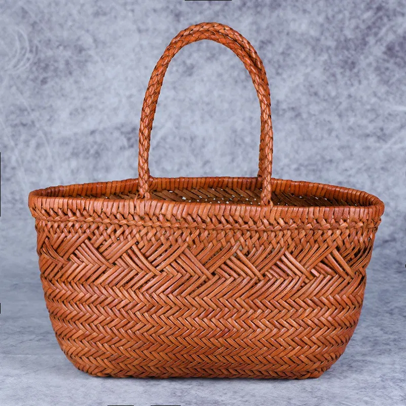 Color: Ivory - Designer woven totes bag women genuine leather cowskin knitting basket handbag female hollow out bucket bag 2025 summer new