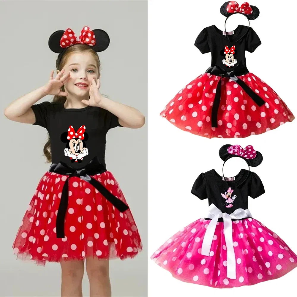 Color: GRAY, Kid Size: 6T - Mickey Minnie Mouse Baby Girls Cosplay Costume Kids Fancy Polka Dot Dress Princess Dress Children Birthday Party Clothing Gift