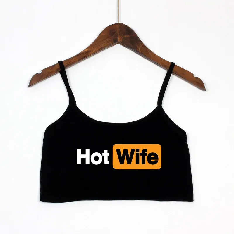 Color: Blue, Size: L - Funny HOT WIFE Letters Print New Sexy Crop Top Summer Women's Sexy Elastic Cotton Camis Sleeveless Short Tank Top Bar Women