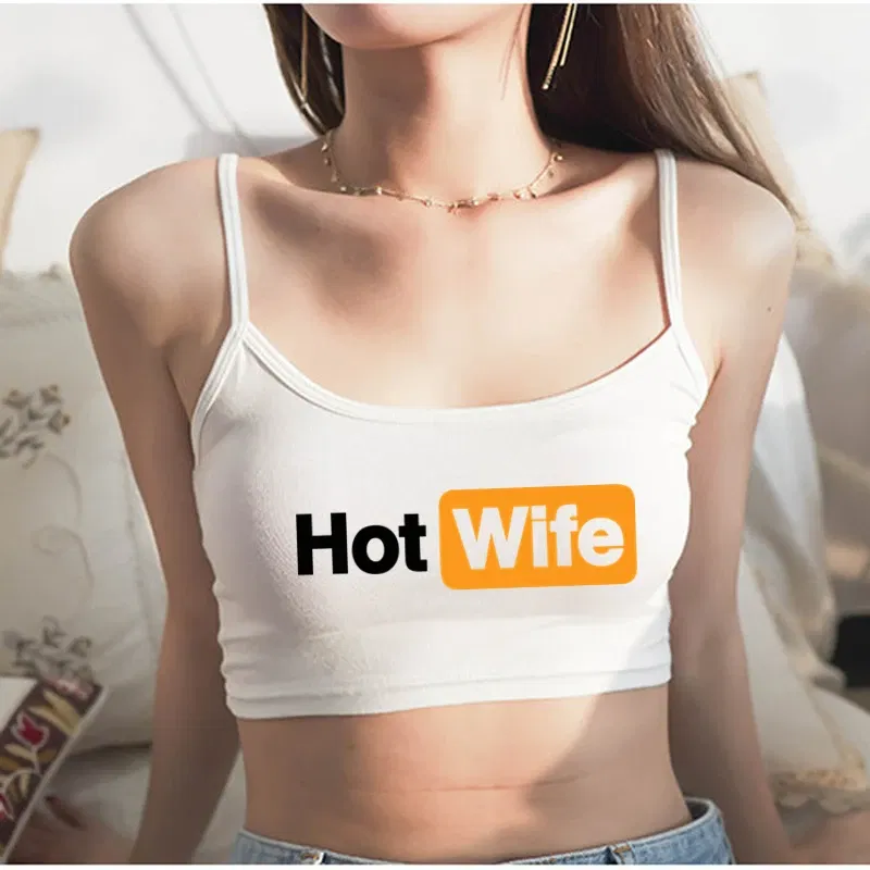Color: Blue, Size: L - Funny HOT WIFE Letters Print New Sexy Crop Top Summer Women's Sexy Elastic Cotton Camis Sleeveless Short Tank Top Bar Women