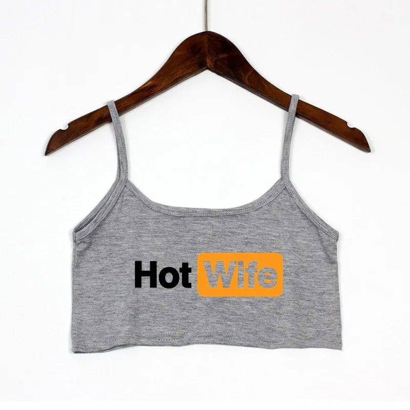 Color: Blue, Size: L - Funny HOT WIFE Letters Print New Sexy Crop Top Summer Women's Sexy Elastic Cotton Camis Sleeveless Short Tank Top Bar Women