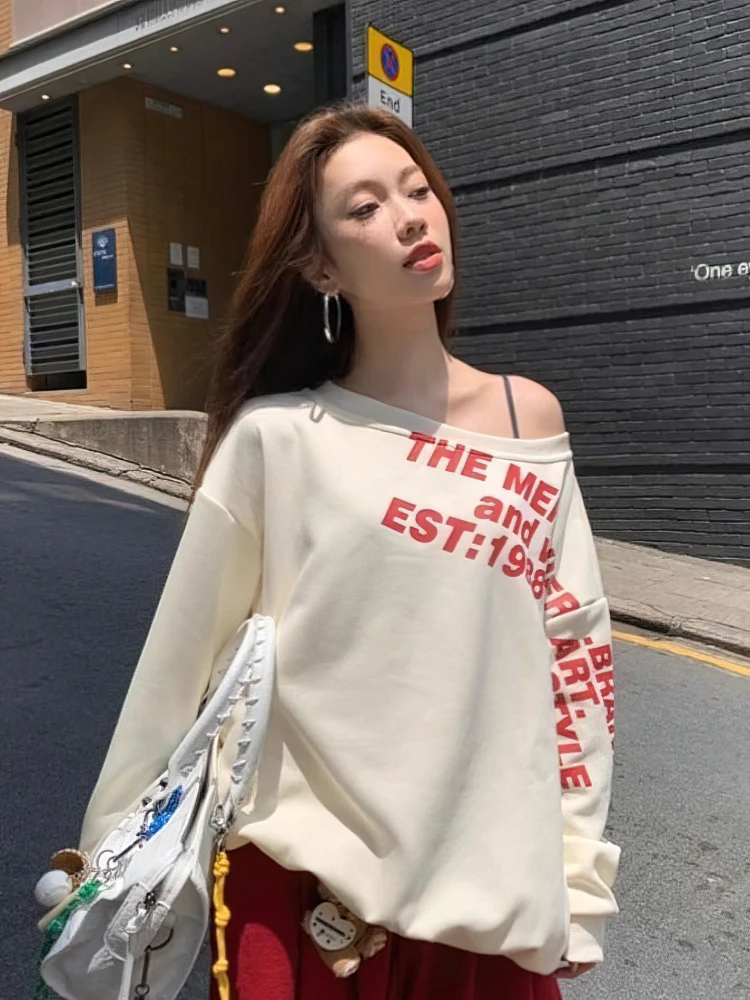 Color: Beige, Size: M - Y2k Sexy Oversize T shirt Women Streetwear Print Long sleeve Basic Top Lady Fall Winter Korean Fashion Oversized Tees Shirt