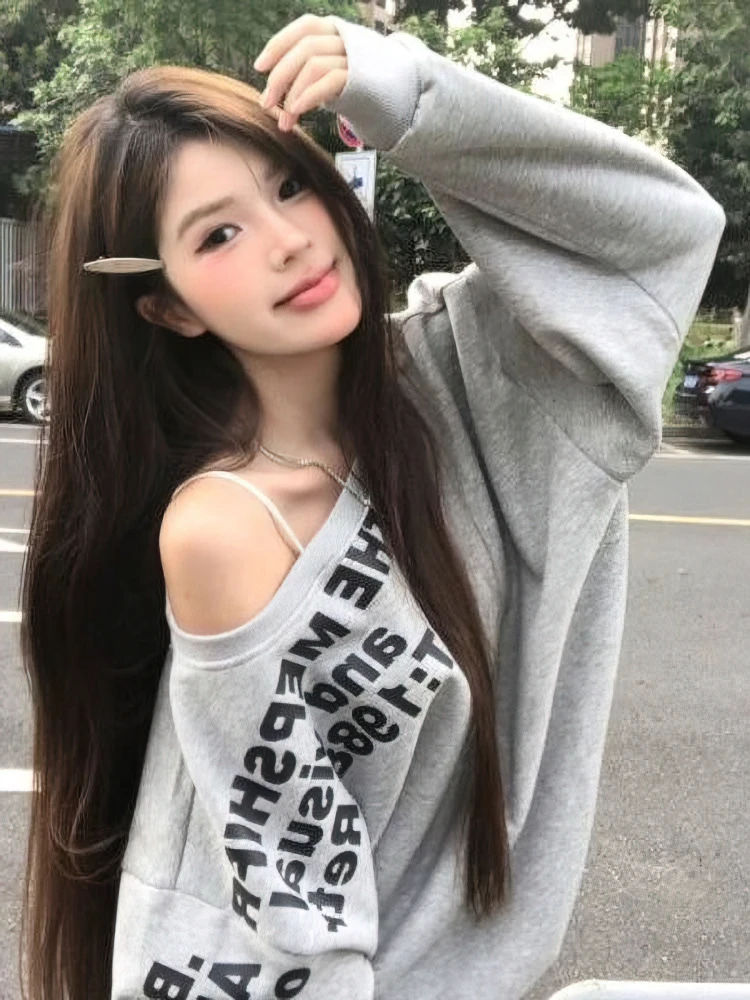 Color: Beige, Size: M - Y2k Sexy Oversize T shirt Women Streetwear Print Long sleeve Basic Top Lady Fall Winter Korean Fashion Oversized Tees Shirt