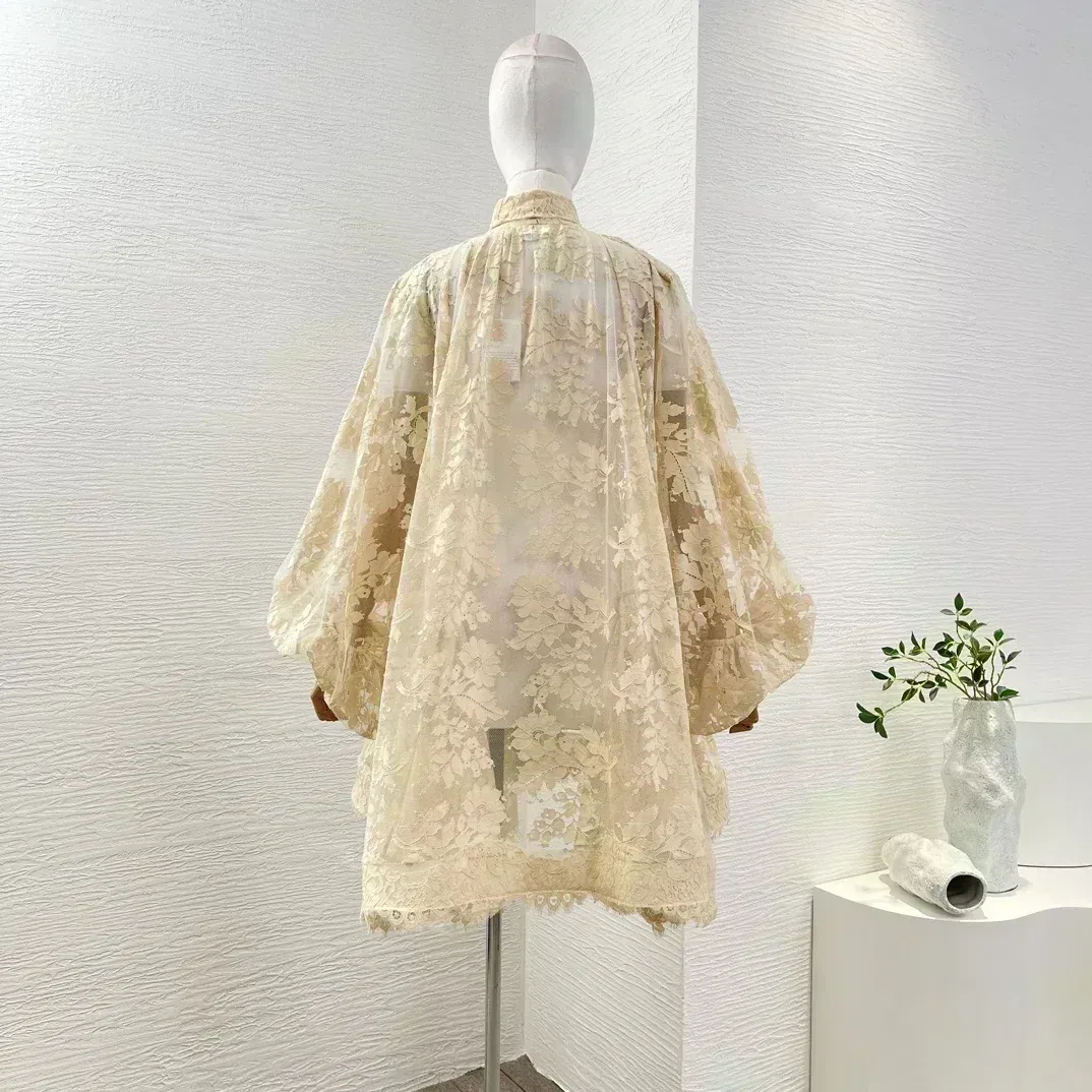 Beige Lace Patchwork Vintage Series Self Bow Tie At Neck Retro Brown Women Pullover High Quality Mini Dress
