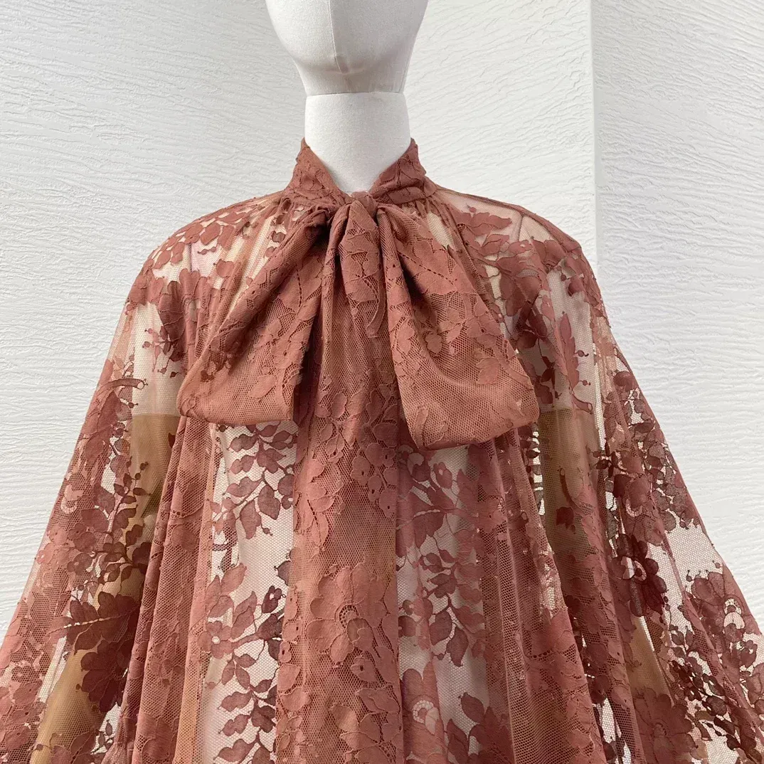 Beige Lace Patchwork Vintage Series Self Bow Tie At Neck Retro Brown Women Pullover High Quality Mini Dress