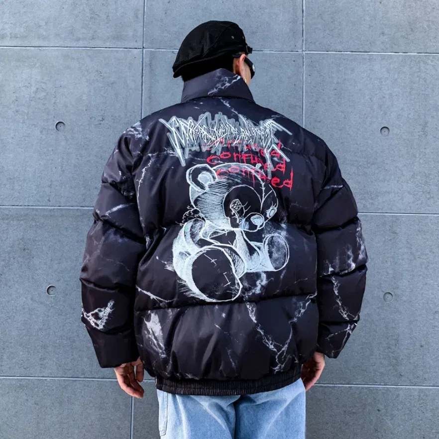 Color: black, Size: M - Winter Down Jacket Coat Men Cartoon Bear Print Parka Fashion Streetwear Casual Loose Thick Warm Padded Oversized Jackets Outwear