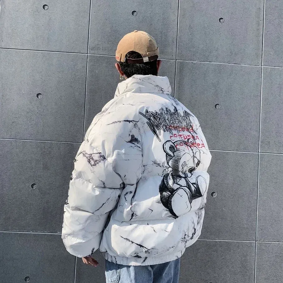 Color: black, Size: M - Winter Down Jacket Coat Men Cartoon Bear Print Parka Fashion Streetwear Casual Loose Thick Warm Padded Oversized Jackets Outwear