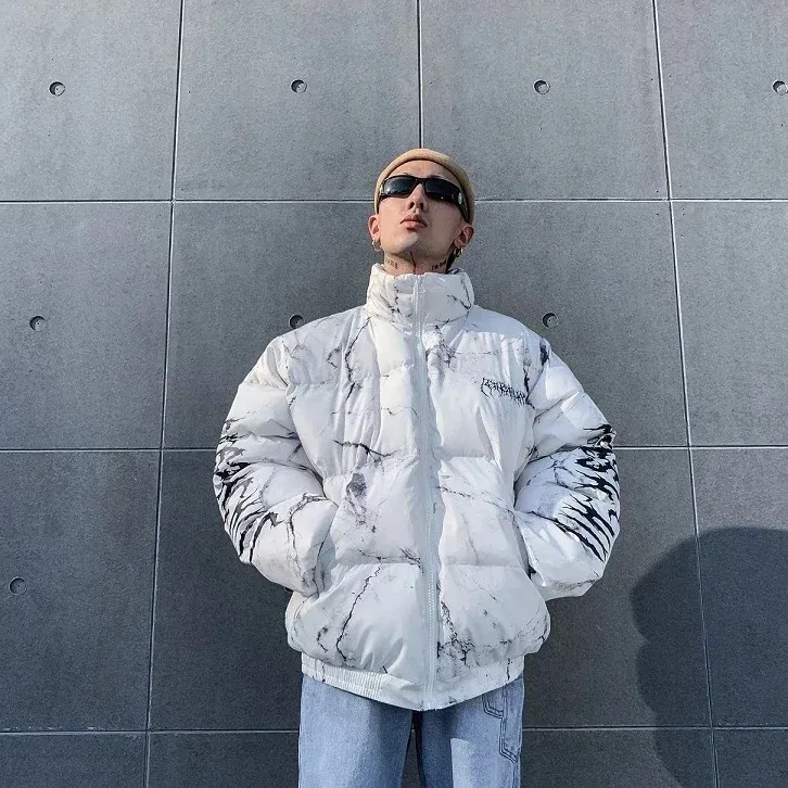 Color: black, Size: M - Winter Down Jacket Coat Men Cartoon Bear Print Parka Fashion Streetwear Casual Loose Thick Warm Padded Oversized Jackets Outwear
