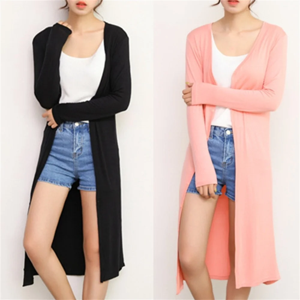 Color: WHITE, Size: One Size - Summer Autumn 12 Colors Women Modal Long Cardigan Female Cotton Sweater Cardigans Long Sleeve Women Casual Coat Ladies Outerwear