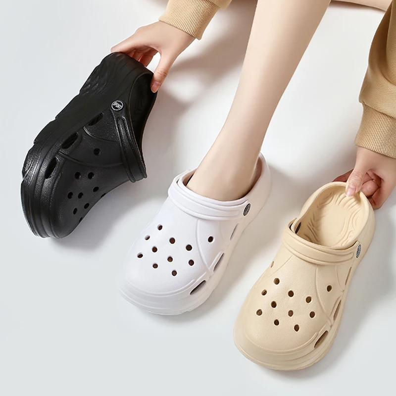Shoe Size: 38-39, Color: Khaki - 2025 Summer Thick Platform Clogs Slippers Women Breathable Hollow Out Garden Sandals Woman Lightweight Non Slip Beach Sandles