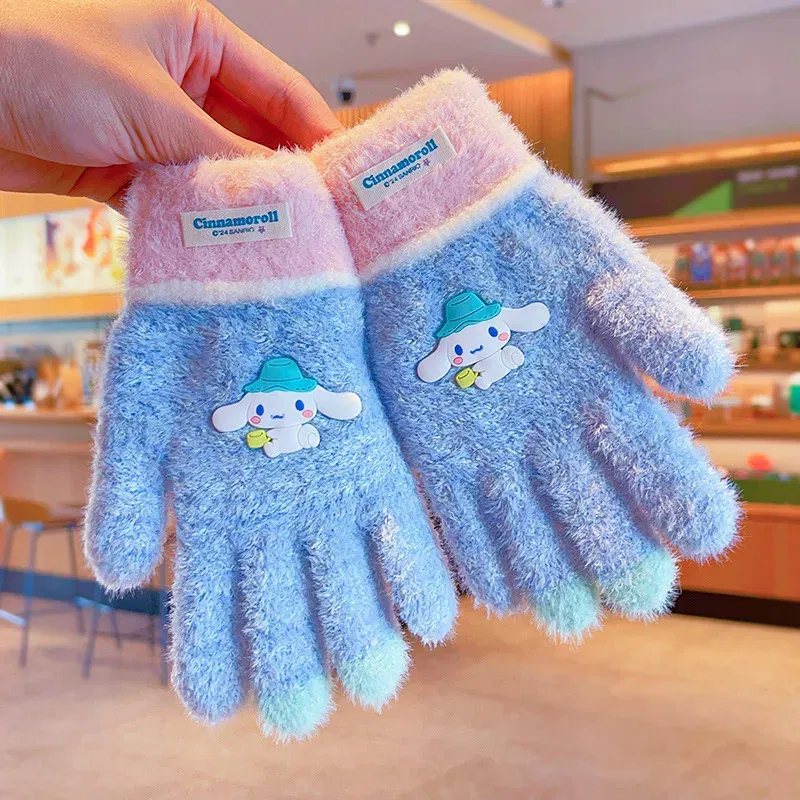 Color: green - Sanrio Gloves Kawaii My Melody Kuromi Cold-Proof Winter Finger Gloves Plush Screen Touch Warm Children Toddler Christmas Gifts