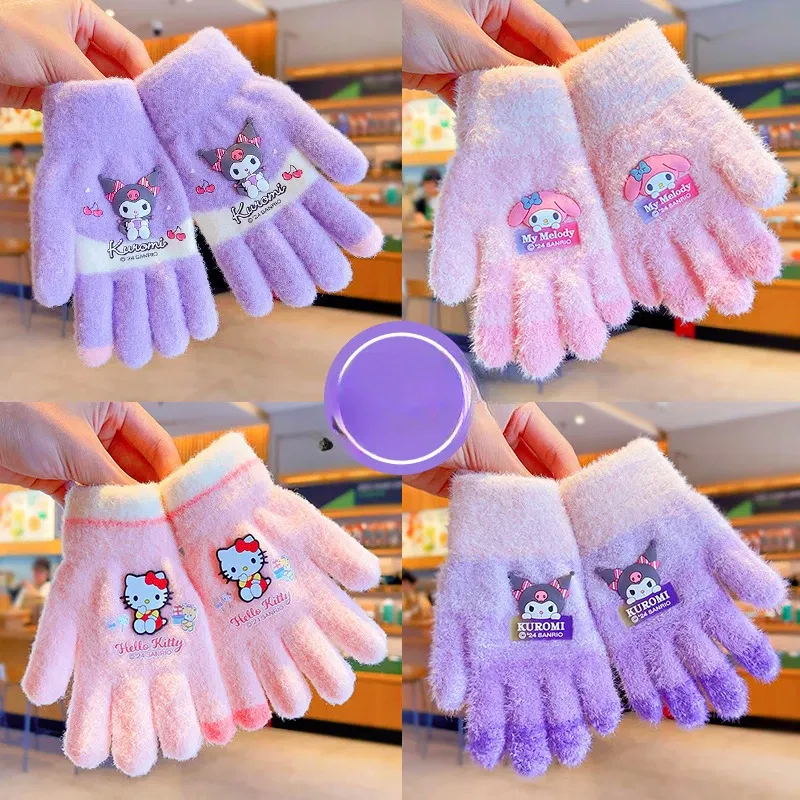 Color: green - Sanrio Gloves Kawaii My Melody Kuromi Cold-Proof Winter Finger Gloves Plush Screen Touch Warm Children Toddler Christmas Gifts