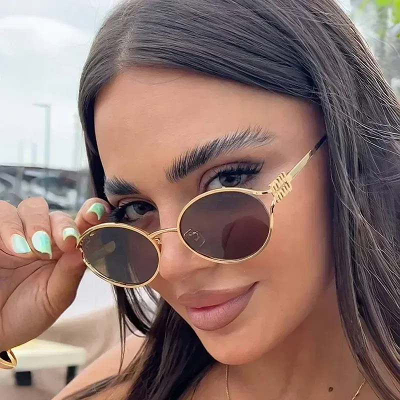 Lenses Color: PURPLE - Luxury Brand Designer Oval Sunglasses For Women Sexy Metal Frame Small Round Sun Glasses Ladies Stylish Eyewear Shades UV400