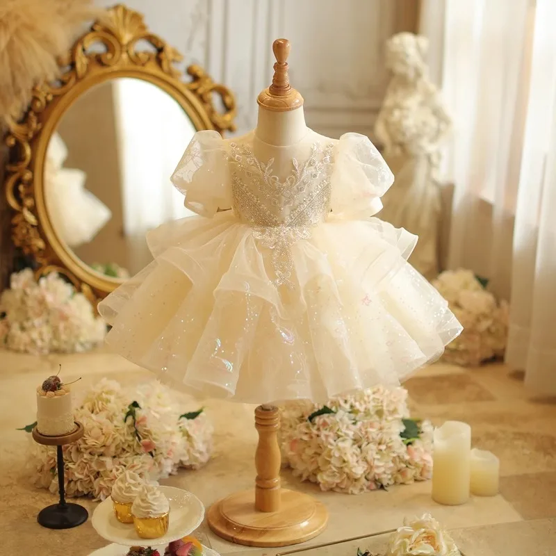 Kid Size: 9, Color: Khaki - Baby Girls Birthday Dress Elegant Princess Gown High-End Sequin Tulle Tutu Dresses Cake Special Occasions Toddler Party Clothes