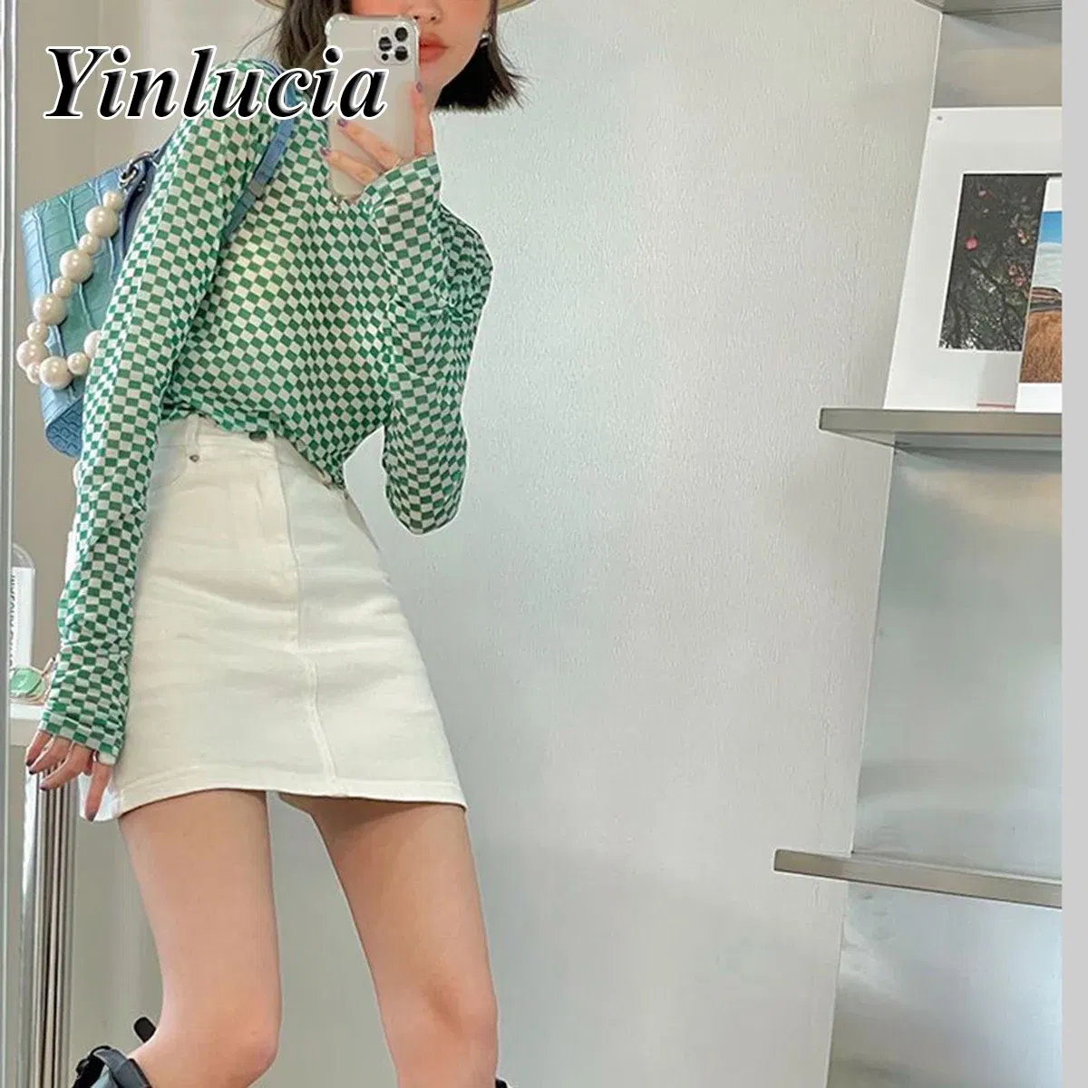 Color: black, Size: M, Ships From: CN - Checkerboard Tee Elastic Slim Tops Women Blouses Sexy Mesh Ice Silk Thin Base Shirt Blouse Hot Babes Pullover Y2K Street Wear