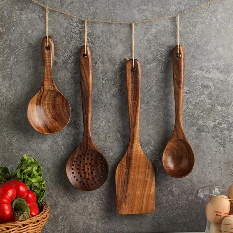 Color: Dark Khaki - Teak Wooden Spatulas Kitchen Utensils Cooking Utensil Eco-Friendly Wood Spatula for Non Stick Cookware