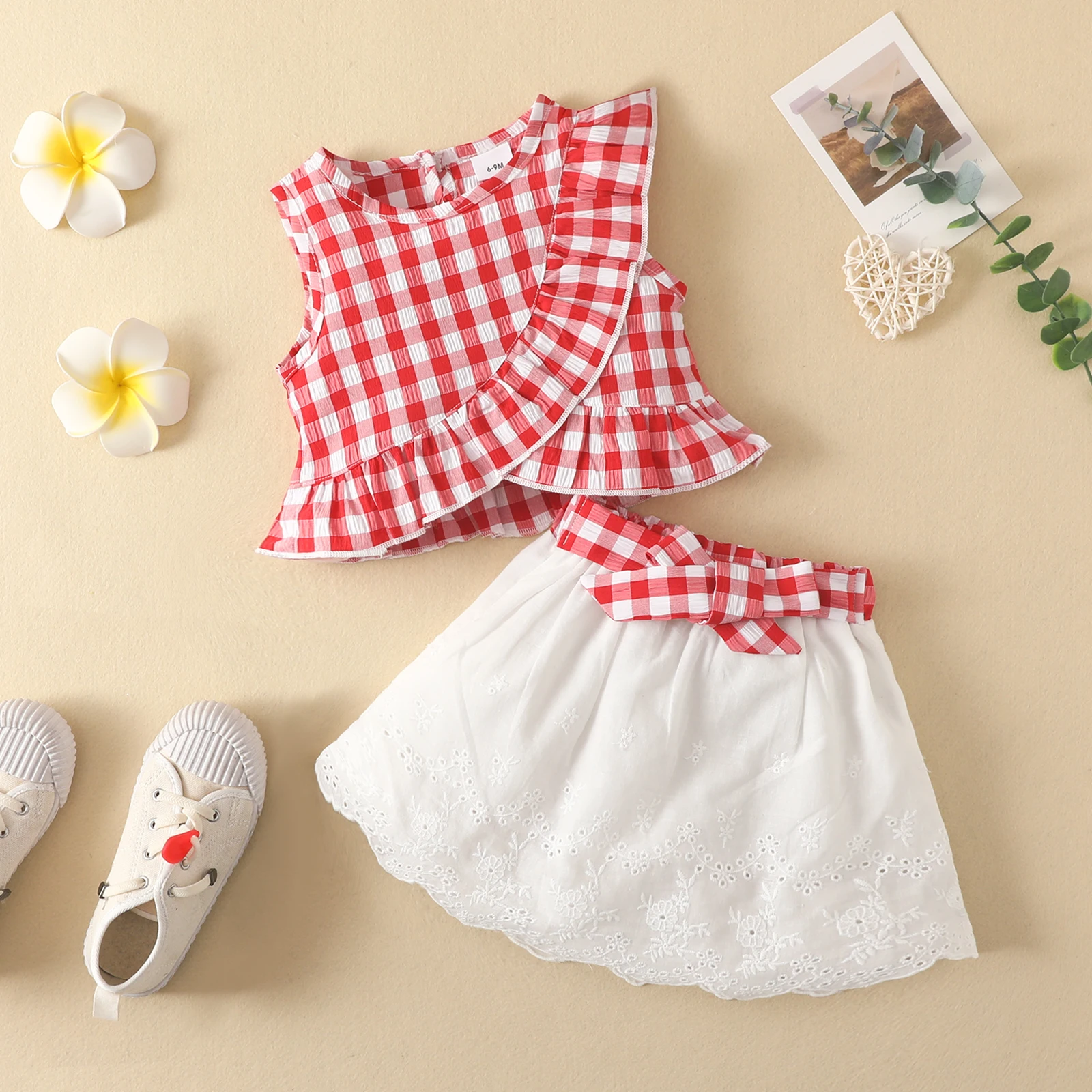 Kid Size: 3T, Color: Blue - Charming Girls' Summer Ensemble: Sleeveless Plaid Ruffle Top & Lace Hem Skirt - Comfy, Durable & Stylish