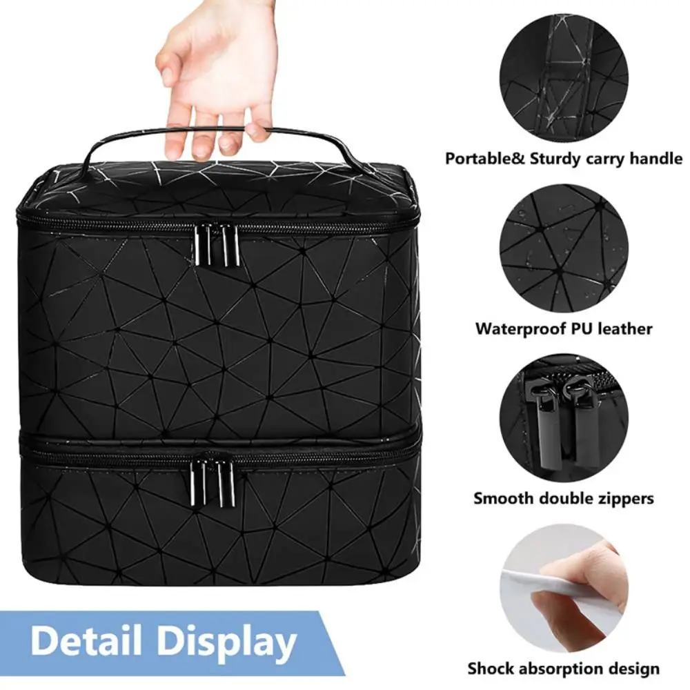 Color: Brown - 30 Grids Nail Organizer Makeup Bag Cosmetic Manicure Case Professional Double Layer Design Nail Polish Gel Handbag with Handle