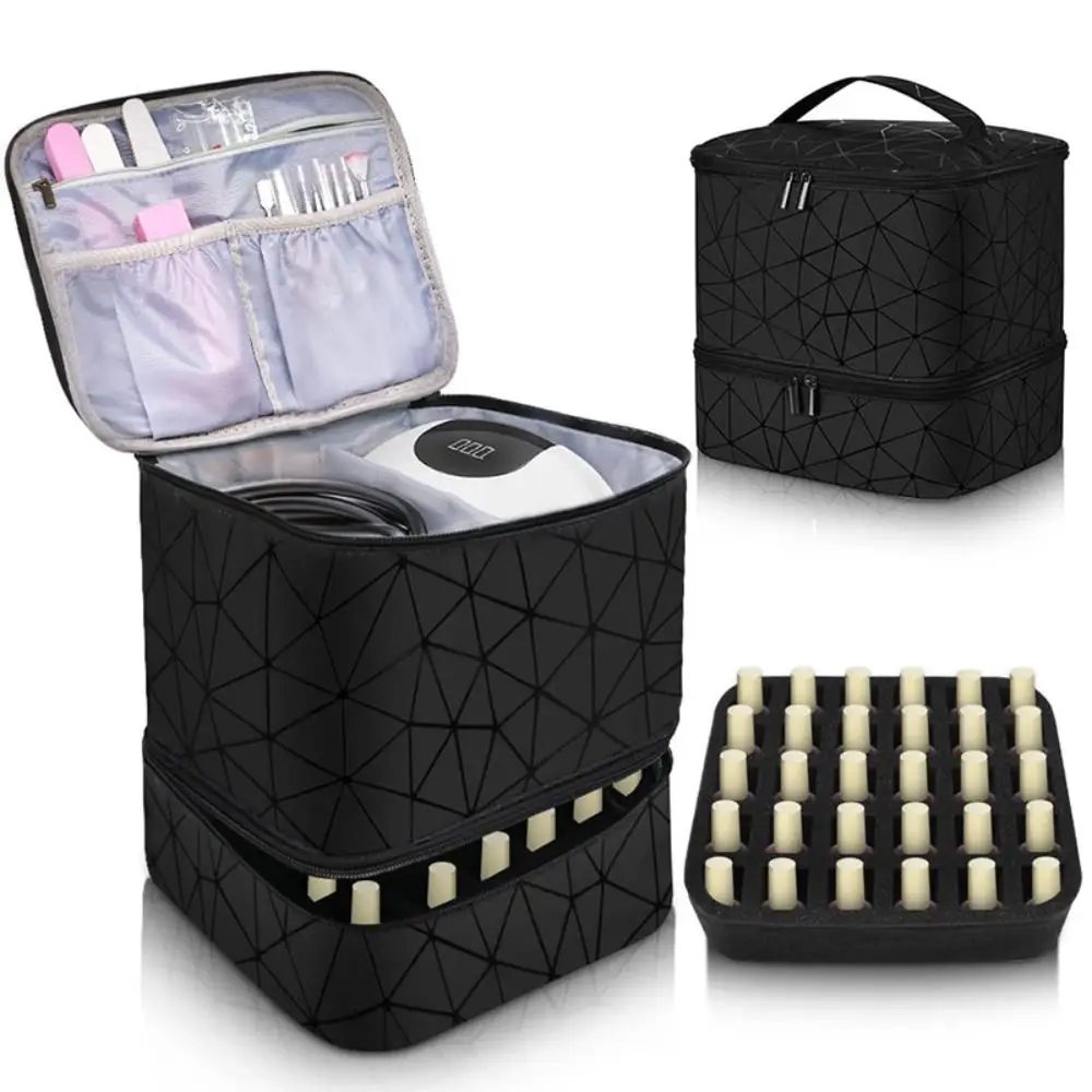 Color: Brown - 30 Grids Nail Organizer Makeup Bag Cosmetic Manicure Case Professional Double Layer Design Nail Polish Gel Handbag with Handle