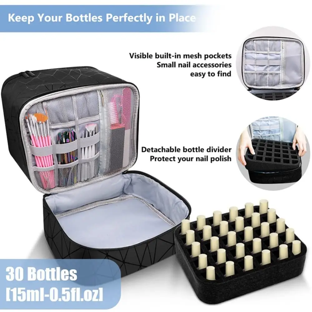 Color: Brown - 30 Grids Nail Organizer Makeup Bag Cosmetic Manicure Case Professional Double Layer Design Nail Polish Gel Handbag with Handle