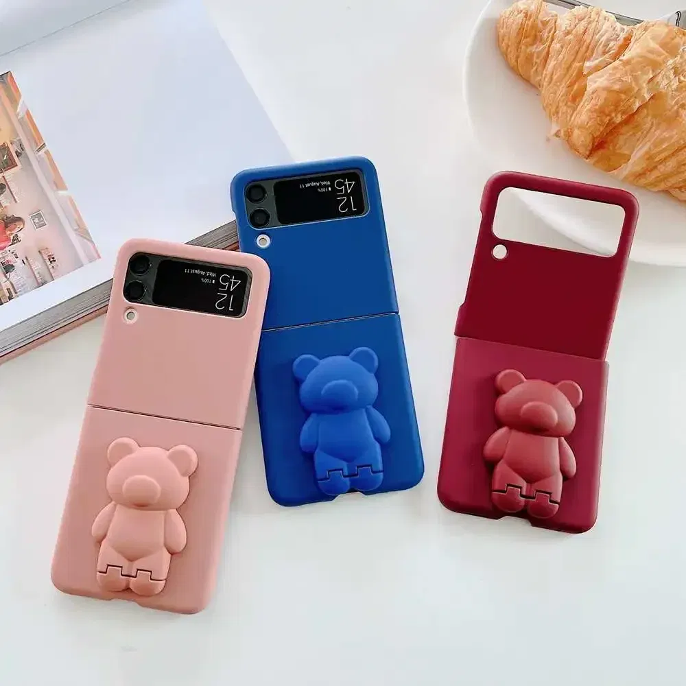 Color: Red, Material: Canvas - 3D Bear Bracket Kickstand Cute Case For Samsung Galaxy Z Flip 5 4 3 Hard Phone Case For Samsung Z Flip 3 4 Flip5 ZFlip4 Cover
