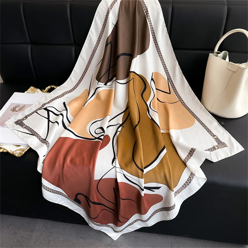 Color: Beige, Size: One Size - New Simple Printed Silk Scarf 90cm Twill Scarf Women Korean Style Large Square Scarf Sunscreen Shawl Headscarf Female Luxury
