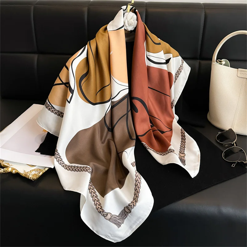 Color: Beige, Size: One Size - New Simple Printed Silk Scarf 90cm Twill Scarf Women Korean Style Large Square Scarf Sunscreen Shawl Headscarf Female Luxury