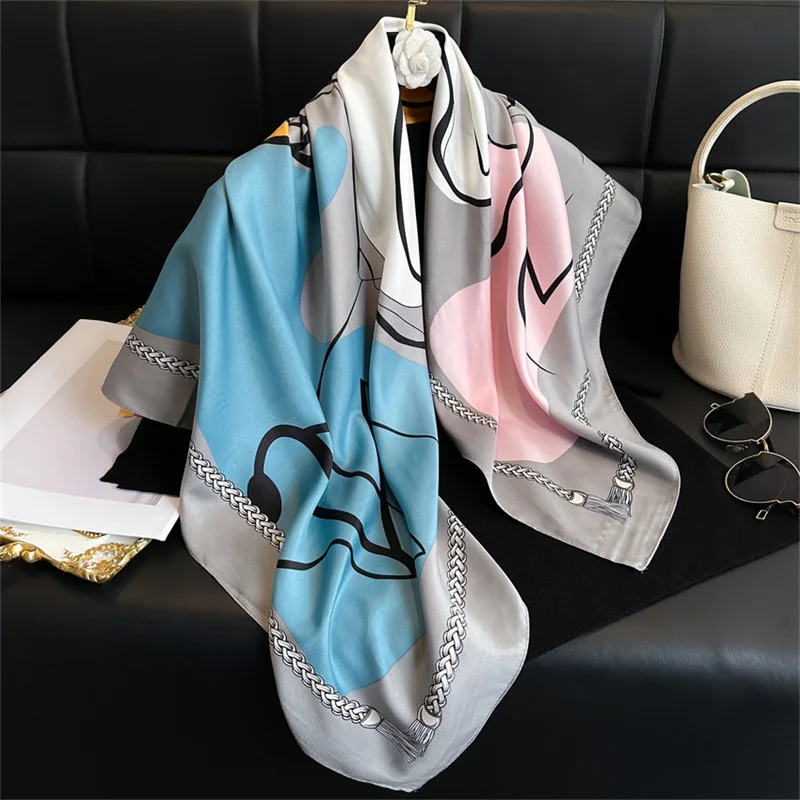 Color: Beige, Size: One Size - New Simple Printed Silk Scarf 90cm Twill Scarf Women Korean Style Large Square Scarf Sunscreen Shawl Headscarf Female Luxury