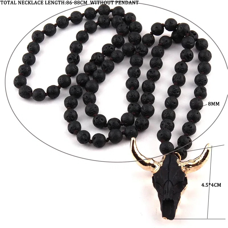 Metal Color: Plating Gun, Length: 90cm - Fashion Bohemian Jewelry Long Knotted Stone Beads 3 Color Horn Pendant Necklace For Women Ethnic Necklace