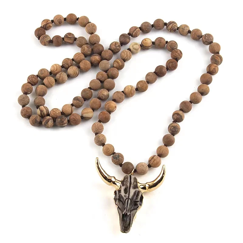 Metal Color: Plating Gun, Length: 90cm - Fashion Bohemian Jewelry Long Knotted Stone Beads 3 Color Horn Pendant Necklace For Women Ethnic Necklace