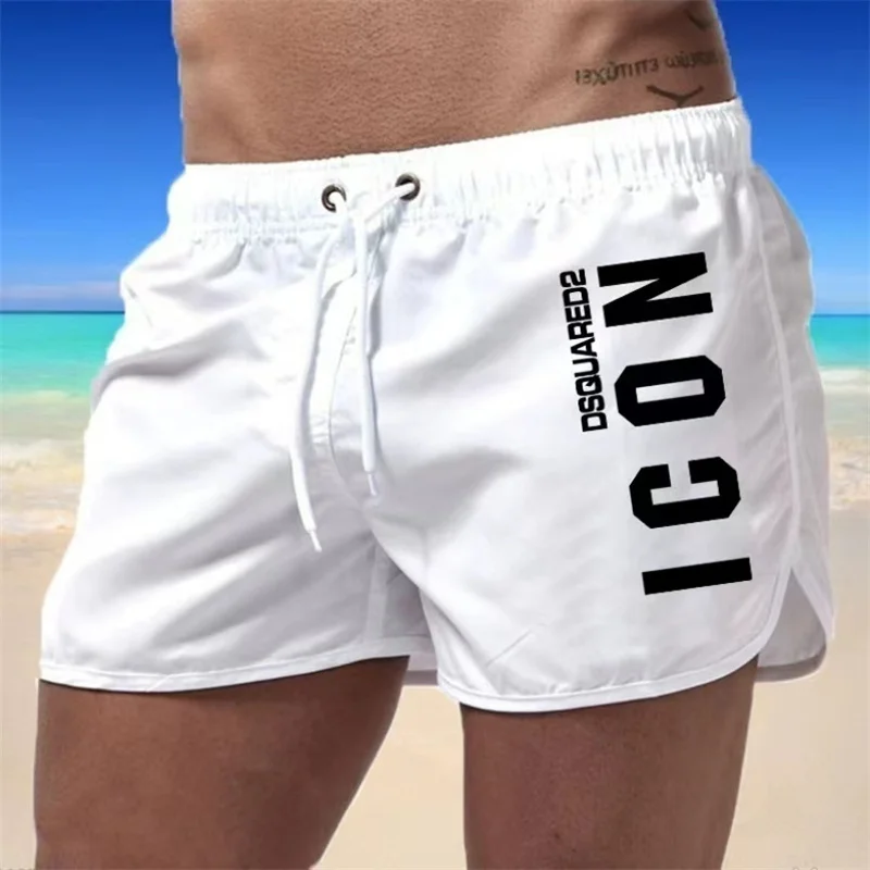 Color: WHITE, Size: XL - Summer men's luxury beach pants clothing quick dry gym jogging sexy shorts vacation casual swimming trunks