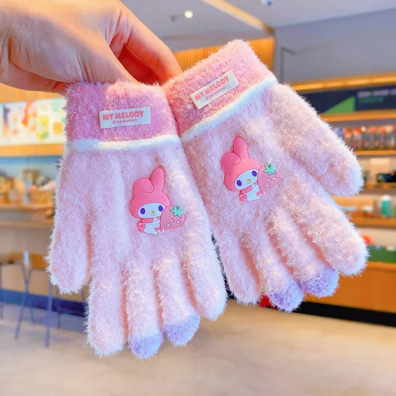 Color: Brown - Sanrio Gloves Kawaii My Melody Kuromi Cold-Proof Winter Finger Gloves Plush Screen Touch Warm Children Toddler Christmas Gifts