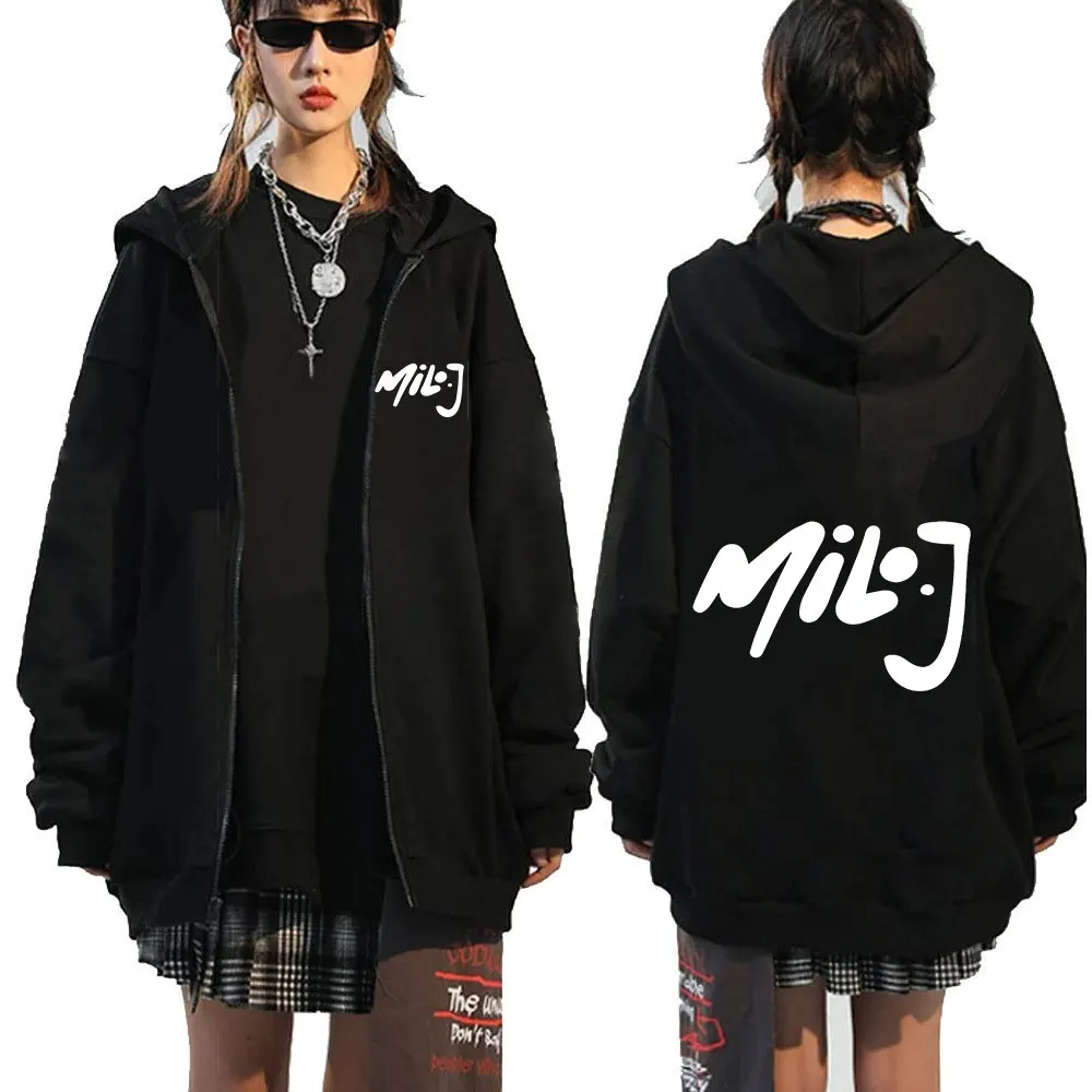 Color: black, Size: XXXL - Rapper Milo J Logo Merch Zipper Hoodies Men's Women Fashion Hip Hop Zip Up Hooded Sweatshirts Casual Oversized Jackets Pullovers
