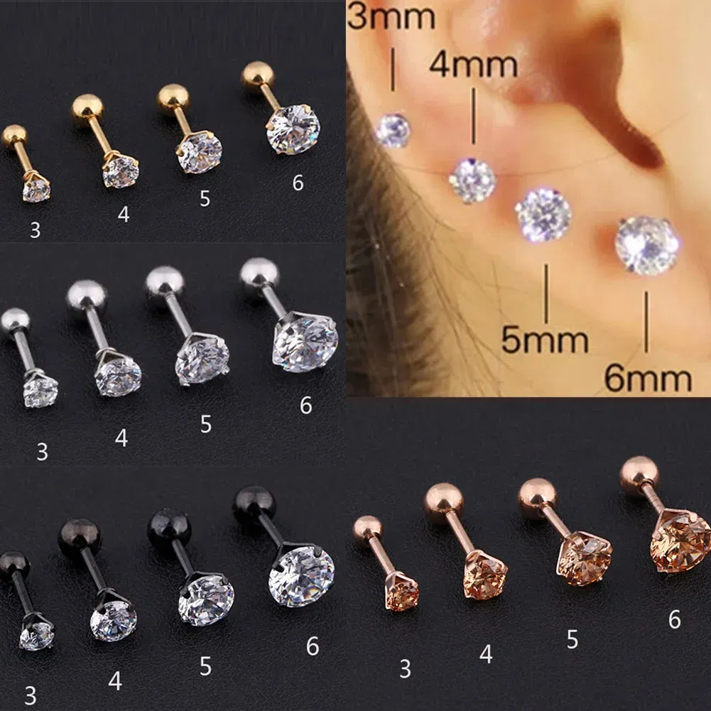 Metal Color: Pure Gold Color, Main Stone Color: WHITE - 1Pc Small Round Cz Tragus Cartilage Titanium Steel 16G 4 Prong Ear Stud Earrings Tragus Helix Piercing Jewelry Sexy Body Jewelry