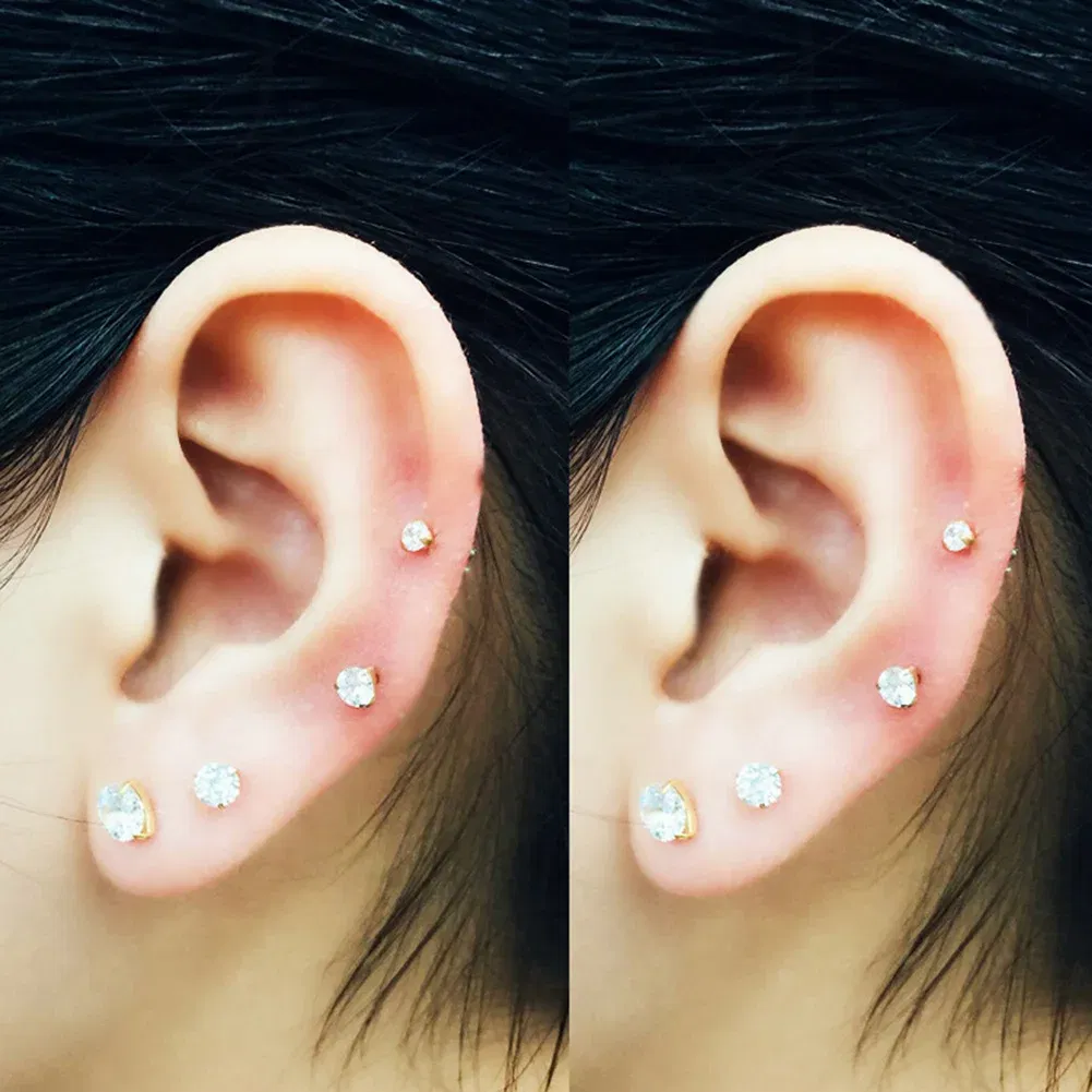 Metal Color: Pure Gold Color, Main Stone Color: WHITE - 1Pc Small Round Cz Tragus Cartilage Titanium Steel 16G 4 Prong Ear Stud Earrings Tragus Helix Piercing Jewelry Sexy Body Jewelry
