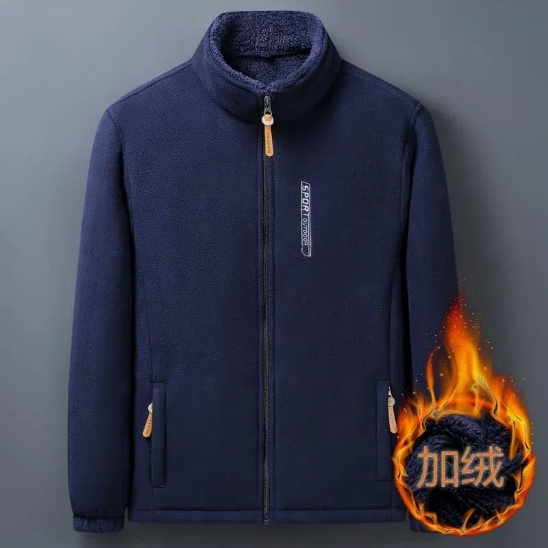 Color: Beige, Size: XXL - Winter Men Outdoor Fleece Jacket Casual Polar Fleece Cold-Proof Thickened Coat Lightweight Windproof Zipper Cardigan Warm Jacket