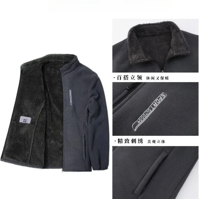 Color: Beige, Size: XXL - Winter Men Outdoor Fleece Jacket Casual Polar Fleece Cold-Proof Thickened Coat Lightweight Windproof Zipper Cardigan Warm Jacket