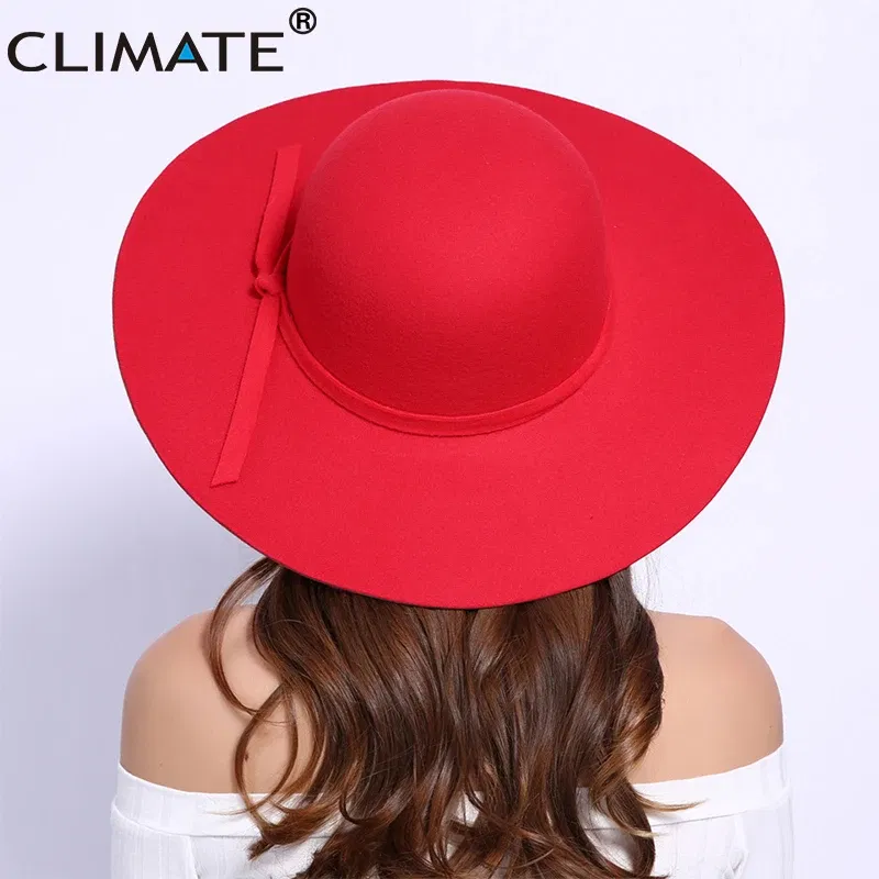 CLIMATE Women's Fedora Fedoras Hat for Woman New Girls Fashion Dome Cap Bowknot Mom Hats Ladies Falbala Polyester Woolen Cap Hat