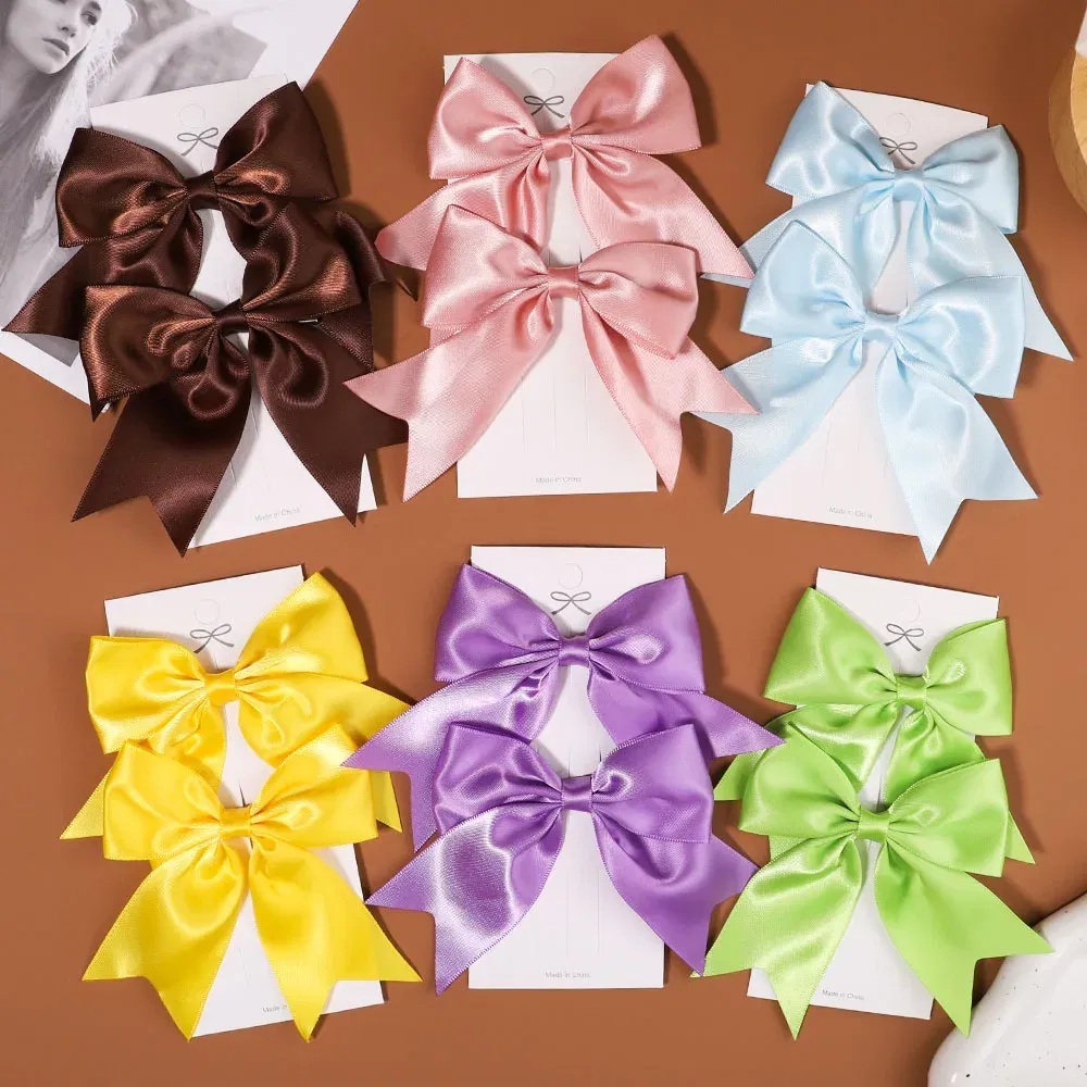 Color: Black - 2Pcs/set Delicate Ribbon Cheer Bows Hair Clip for Kids Solid Color Hairpins Barrettes Handmade Headwear Girl Hair Accessories