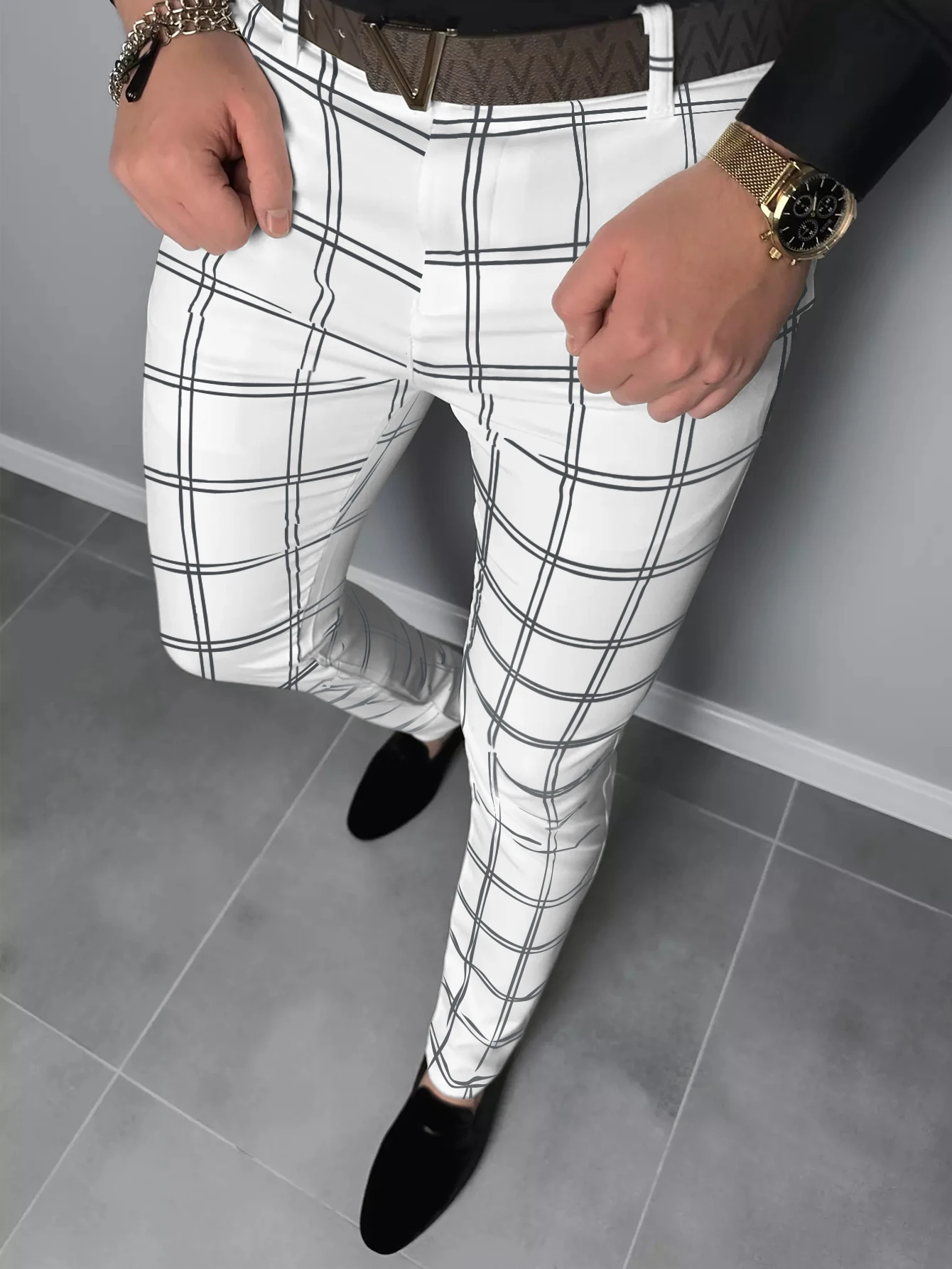 Color: black, Size: M - Checkered Fashion Europe and the United States Style Men's Pants Business Casual Travel Slim Pants Comfortable and Versatile