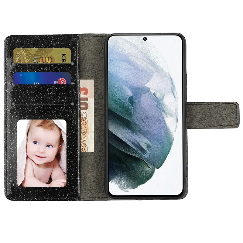 Color: Silver, Material: Microfiber - Glitter Diamond Wallet Leather Case For Samsung Galaxy A14 A15 A16 A35 A55 A34 A54 S25 Ultra S24 FE S23 S22 S21 S20 Plus