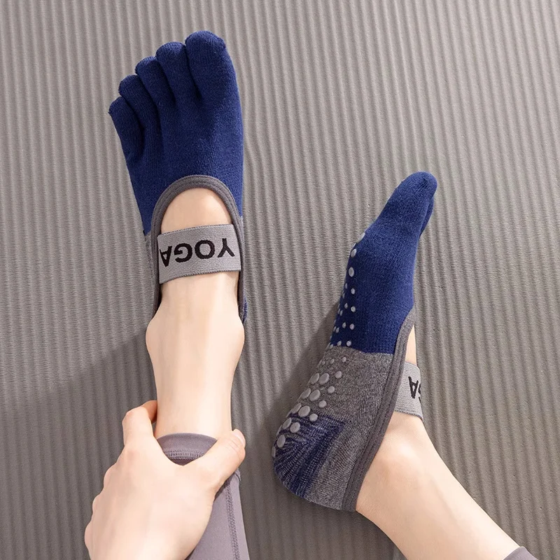 Color: Brown - Ladies Breathable Yoga Socks Silicone Non-Slip Five Finger Pilates Socks for Backless Fitness Ballet Dance Cotton Gym Socks