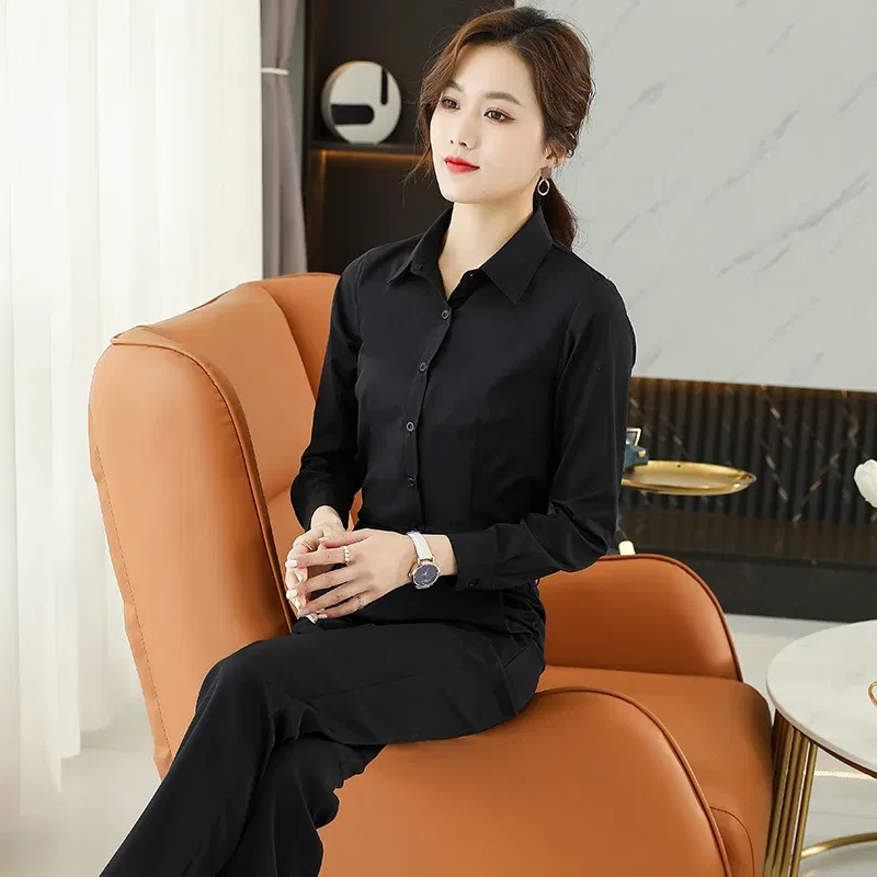 Color: Beige, Size: M - Formal Dress Women Shirt Long Sleeve Blouse New Black Shirt Women Tops 2024 Fashion Women Clothing Basic White Shirts OL Blouses