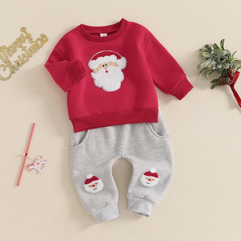 Color: Red, Kid Size: 12M, Ships From: CHINA - 2024-09-12 Lioraitiin Toddler Baby Boys Christmas Outfits Long Sleeve Santa Embroidery Sweatshirt and Pocket Pants Clothes Set