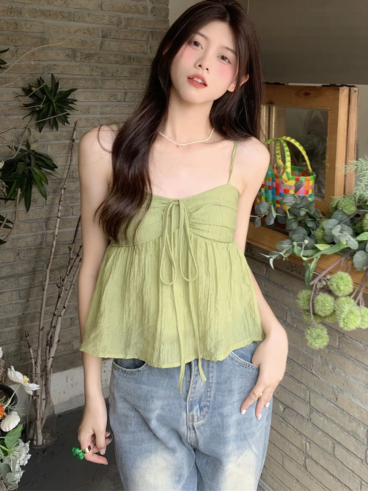 Color: Beige, Size: M - Women Linen Sweet Babydoll Ruffle Crop Sleeveless Top Thin Strap Front Bow Ties Flowy Camis Female Korean Tank Top