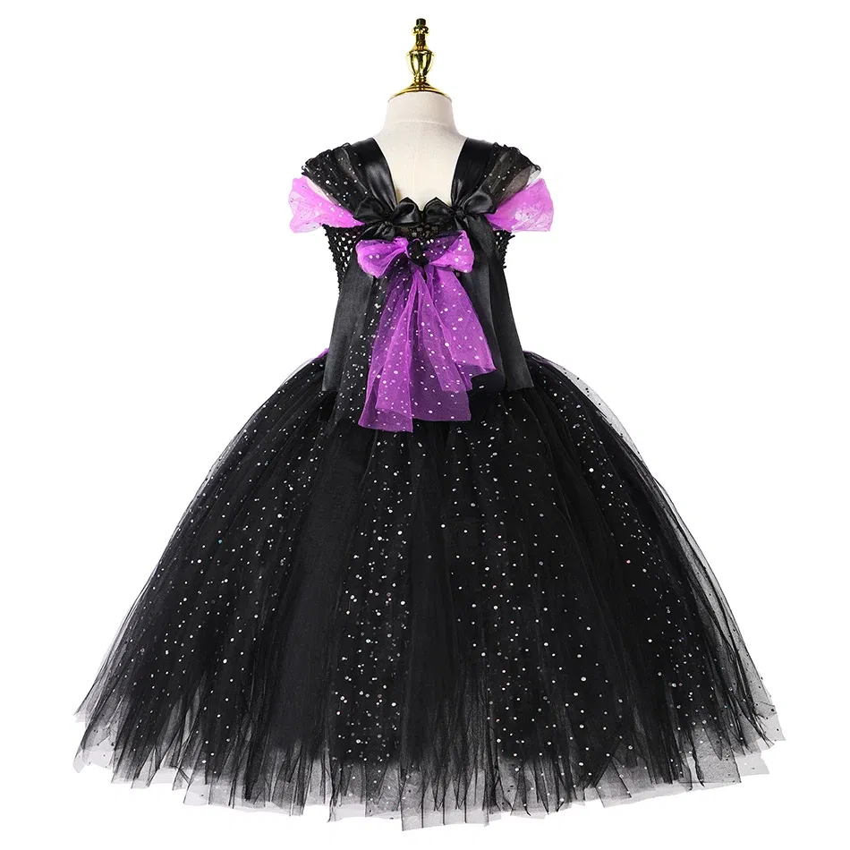 Color: black, Kid Size: 4T - Halloween Witch Tutu Dress for Girls Handmade Mesh Bat Wizard Cosplay Costumes with Hat Broom Toddler Evil Party Clothes Set